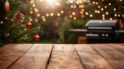 Warm outdoor setting with a wooden table, festive lights, and a grill near a decorated Christmas tree during sunset
