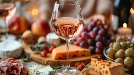 Autumn or fall season. table with wine glasses and food, hands reaching for glass of rose wine, cheese board on table, warm light, pastel colors, home interior