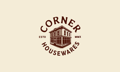 Vintage corner housewares logo with storefront illustration