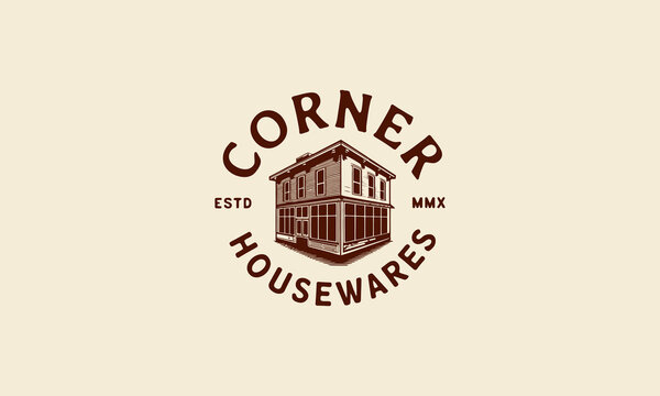 Vintage corner housewares logo with storefront illustration