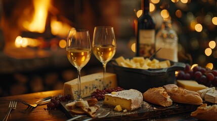 Fototapeta premium Winter season. Gourmet Swiss fondue dinner on a winter evening with assorted cheeses on a board alongside a heated pot of cheese fondue with two forks dipping bread and white wine