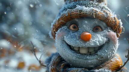 Winter season. he Legendary Winter Creatures . A cheerful snowfolk with a carrot nose, a coal mouth, and a wide, toothy grin, exuding the warmth and joy of the winter season.