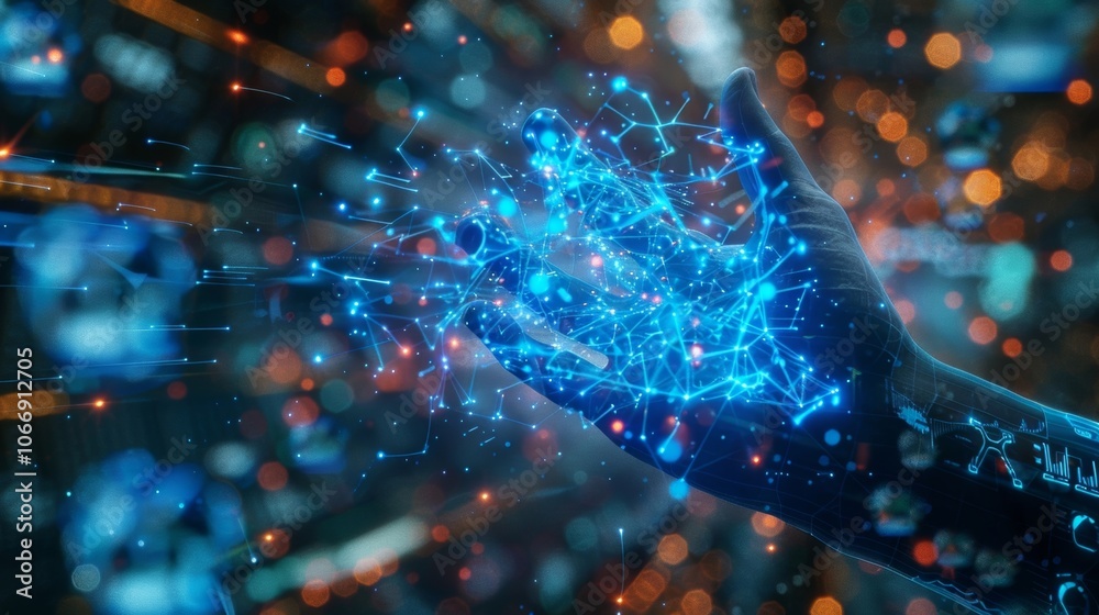 Poster hologram of interconnected lines and dots emerging from robot hand, symbolizing global network, data