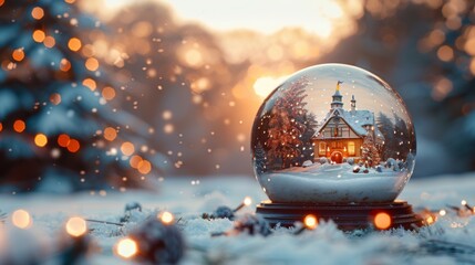 Winter season. Beautiful snow globe with snowy landscape, winter home castle and trees on a Christmas themed background copy space