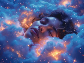 world sleep day. person peacefully sleeping amidst fluffy clouds, with stars twinkling above and a crescent moon casting its gentle glow.