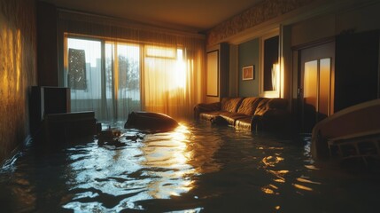 Water fills the living room of an apartment, submerging furniture as sunlight streams through the windows, creating a surreal and somber atmosphere