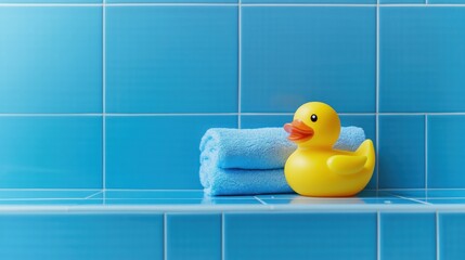 Yellow Rubber Duck on a Blue Tile Shelf