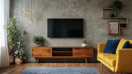 Modern Living Room with Yellow Sofa, TV, and Wooden Cabinet