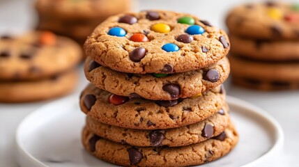 A delicious stack of chocolate chip cookies with colorful candy pieces.
