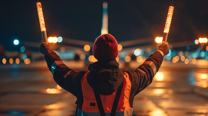 A marshaller holds a light stick to guide the pilot to park the plane.