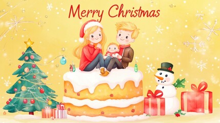 Happy family and snowman Christmas cake illustration