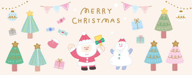 Cute hand drawn illustration Merry Christmas elements packaging wrapping paper promotional stickers