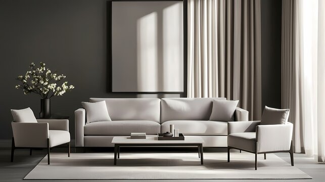 A white sofa with two matching chairs in a modern living room with a black framed picture on the wall.