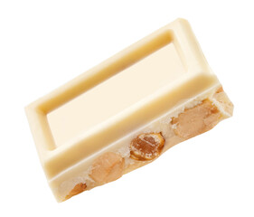 Flying Broken white chocolate bar piece with hazelnuts isolated on white. Levitating  white chocolate chunk closeup.