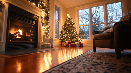 Fototapeta premium A cozy fireplace draped in twinkling lights, illuminating a room with holiday cheer, a festive Christmas tree in the background, and holiday decorations that bring warmth and joy.