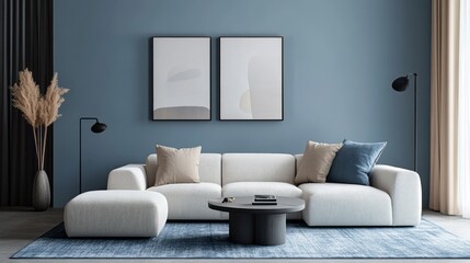 Fototapeta premium Modern Living Room Interior with White Sofa, Blue Rug, and Abstract Art