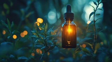 A Close-up of a Glass Dropper Bottle Filled with Glowing Amber Liquid Suspended Amongst Lush Green Foliage, Illuminated by Warm Light