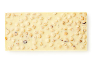 White chocolate bar with hazel nuts Isolated on a white.  Luxurious White Chocolate bar top view. Flat lay