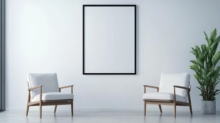 Minimalist Scandinavian-style room featuring two armchairs and a large framed poster on a clean white wall, soft natural light enhancing the warmth and simplicity of the design.