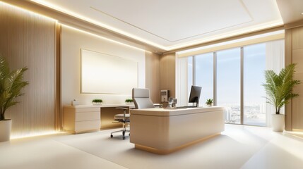 A tranquil office space with muted tones, natural light, and elegant decor, ideal for illustrating a serene and professional atmosphere conducive to productivity.