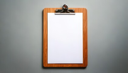 An isolated mock up of a wooden clipboard with blank paper on a white isolated background. Generated image