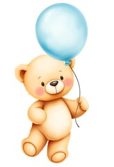 Watercolor illustration of a cute teddy bear holding a blue balloon floating in the air, perfect for baby shower invitations, greeting cards, and children's book illustrations