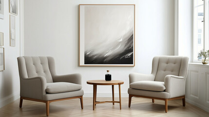 Bright Scandinavian-style room featuring two plush armchairs, a large framed poster against a white wall, and warm decor elements that blend comfort with modern design.