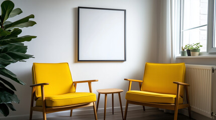 Scandinavian-inspired cozy room with two plush armchairs, a large framed poster on a clean white wall, and warm textures that bring a sense of harmony and relaxation.