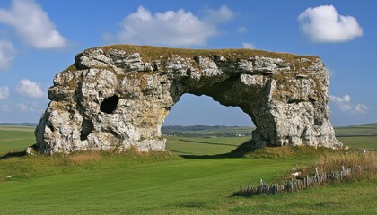 Natural rock arch under a dynamic sky in a serene rural landscape
