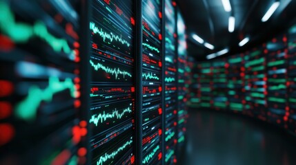 Futuristic data center server room with abstract light patterns digital circuits and technological concept  Representing the power of modern computing data storage