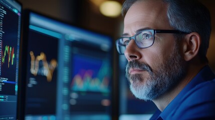 Focused businessman in glasses and suit analyzing financial data charts and graphs on multiple computer screens in a corporate office setting  He is deeply engaged in market research