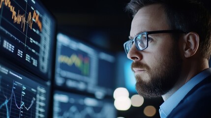 Focused Businessman Analyzing Market Trends and Data on Multiple Computer Screens in Corporate Office Environment  Financial Analysis and Investment Strategies Concept