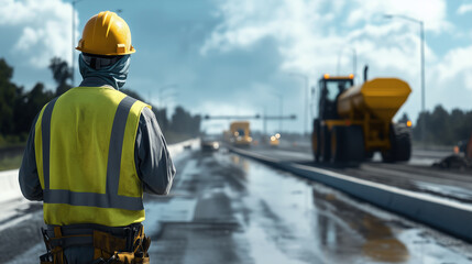 On a busy highway construction site, a worker in protective gear surveys the scene, with bulldozers and cement mixers operating in the background, highlighting the organization and