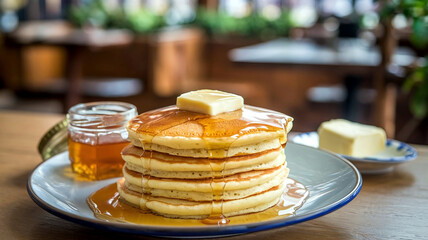 Stack of fluffy pancakes topped with honey and butter on a plate, in a warm restaurant setting, perfect for breakfast, brunch, or cozy dining themes. 