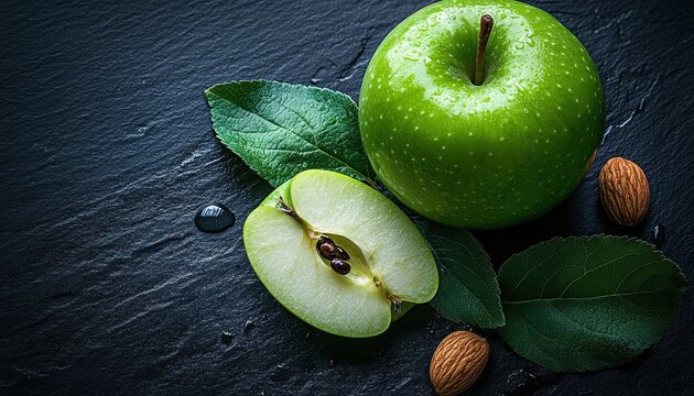Fresh green apple with leaves and sliced portion on dark slate background - Powered by Adobe