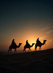 three silhouette of the Magi are riding camels in the desert at sunset