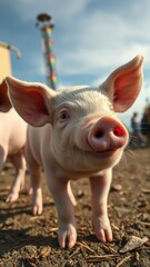 A piglet with pink skin walks on dirt at a fair