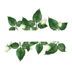 Watercolor frame of white roses and leaves