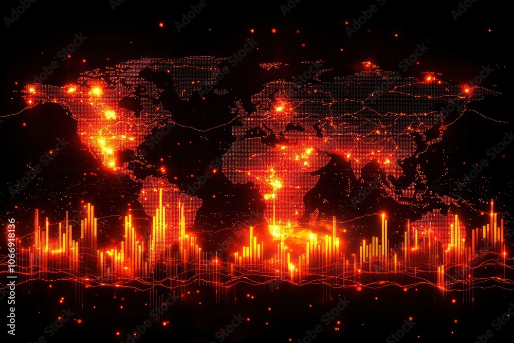 Aufkleber World Map with Glowing Red Lines and Data Visualization