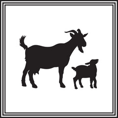 A goat and her baby silhouette isolated on white background.