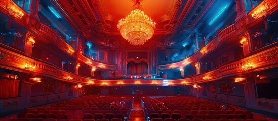 Obraz premium Empty theater seats in a historic building with a large chandelier.
