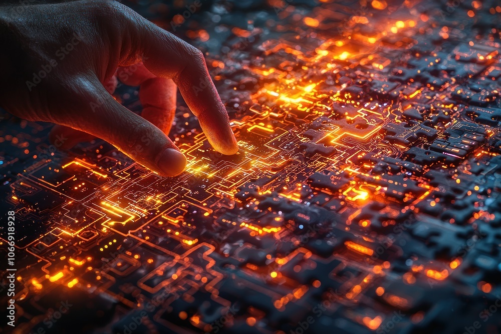 Aufkleber A Fingertip Exploring a Glowing Circuit Board
