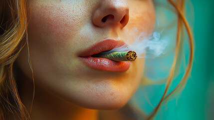 Closeup of Woman Smoking Hand-Rolled Cannabis Joint Outdoors