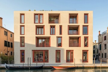 Obraz premium A large building with red trim sits on a river
