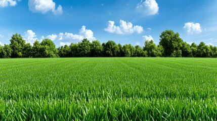 Obraz premium Lush Green Grass Field with Blue Sky and White Clouds Landscape Photography