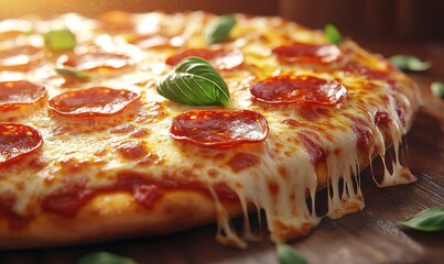 3D pizza with a bubbling cheese crust, topped with pepperoni and fresh basil, hot and savory