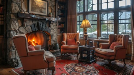 Three armchairs are surrounding a coffee table and a vintage red oriental rug in a mountain chalet living room with a stone fireplace