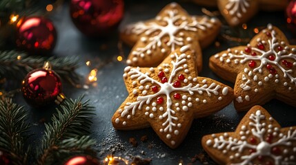 Deliciously decorated star-shaped cookies with festive ornaments and pine branches.