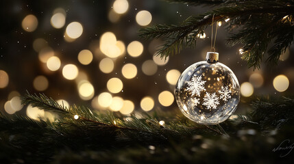 A stunning glass bauble adorned with delicate snowflakes dangles from a thick evergreen branch, surrounded by a dreamy backdrop of twinkling bokeh lights that illuminate the Christ