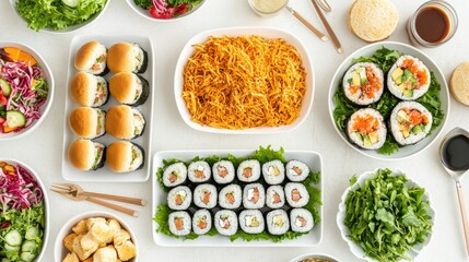 Colorful Assorted Sushi and Side Dishes on a Table